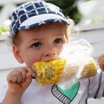 baby enjoys boiled corn