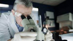 Ученый смотрит в микроскоп